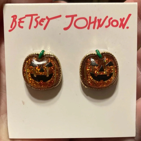 BETSEY JOHNSON Halloween Sparkly Glitter Jack O’ Lantern Pumpkin Earrings NWT - Picture 2 of 5